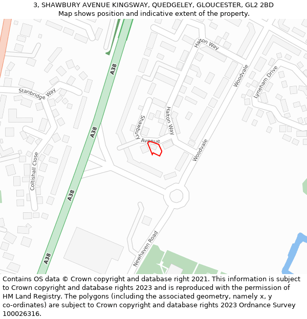 3, SHAWBURY AVENUE KINGSWAY, QUEDGELEY, GLOUCESTER, GL2 2BD: Location map and indicative extent of plot