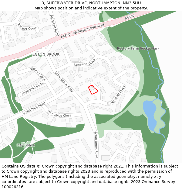 3, SHEERWATER DRIVE, NORTHAMPTON, NN3 5HU: Location map and indicative extent of plot