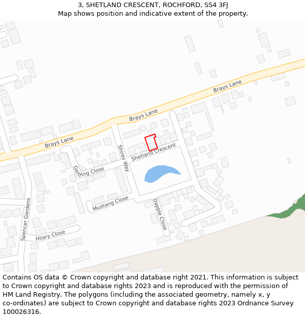 3, SHETLAND CRESCENT, ROCHFORD, SS4 3FJ: Location map and indicative extent of plot