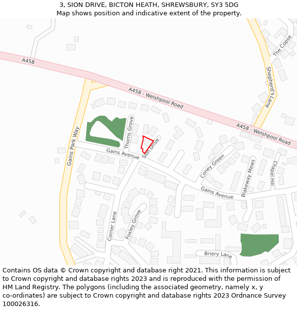 3, SION DRIVE, BICTON HEATH, SHREWSBURY, SY3 5DG: Location map and indicative extent of plot