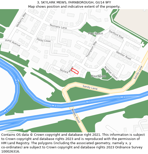 3, SKYLARK MEWS, FARNBOROUGH, GU14 9FY: Location map and indicative extent of plot