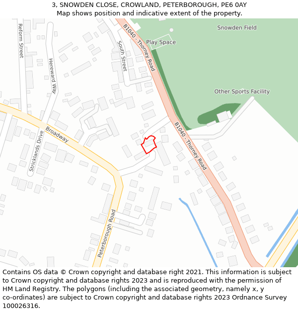 3, SNOWDEN CLOSE, CROWLAND, PETERBOROUGH, PE6 0AY: Location map and indicative extent of plot