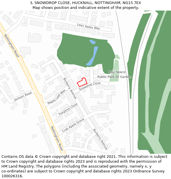 3, SNOWDROP CLOSE, HUCKNALL, NOTTINGHAM, NG15 7EX: Location map and indicative extent of plot