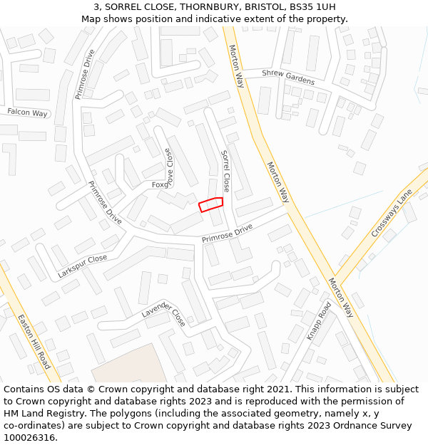 3, SORREL CLOSE, THORNBURY, BRISTOL, BS35 1UH: Location map and indicative extent of plot