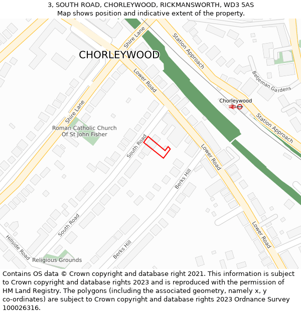 3, SOUTH ROAD, CHORLEYWOOD, RICKMANSWORTH, WD3 5AS: Location map and indicative extent of plot