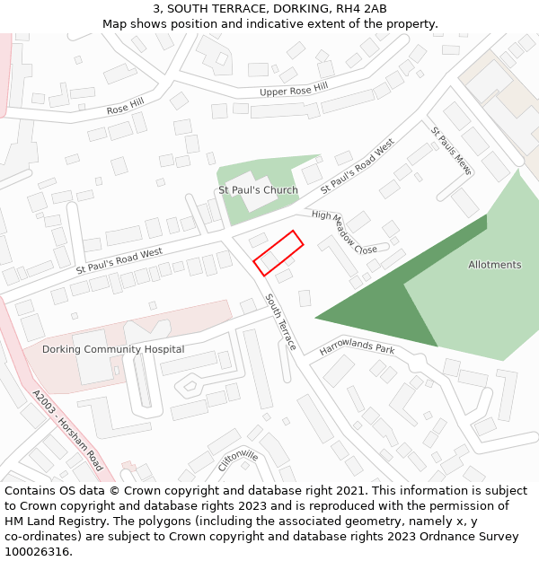 3, SOUTH TERRACE, DORKING, RH4 2AB: Location map and indicative extent of plot