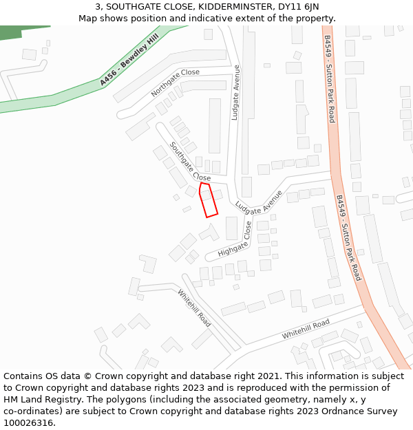 3, SOUTHGATE CLOSE, KIDDERMINSTER, DY11 6JN: Location map and indicative extent of plot