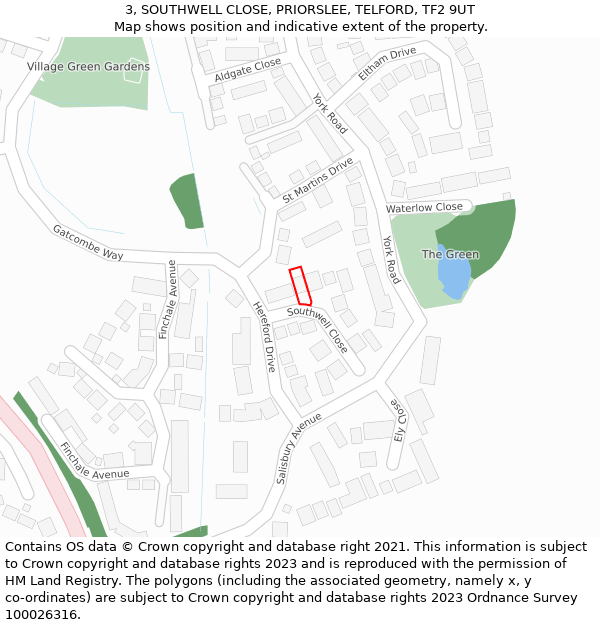 3, SOUTHWELL CLOSE, PRIORSLEE, TELFORD, TF2 9UT: Location map and indicative extent of plot