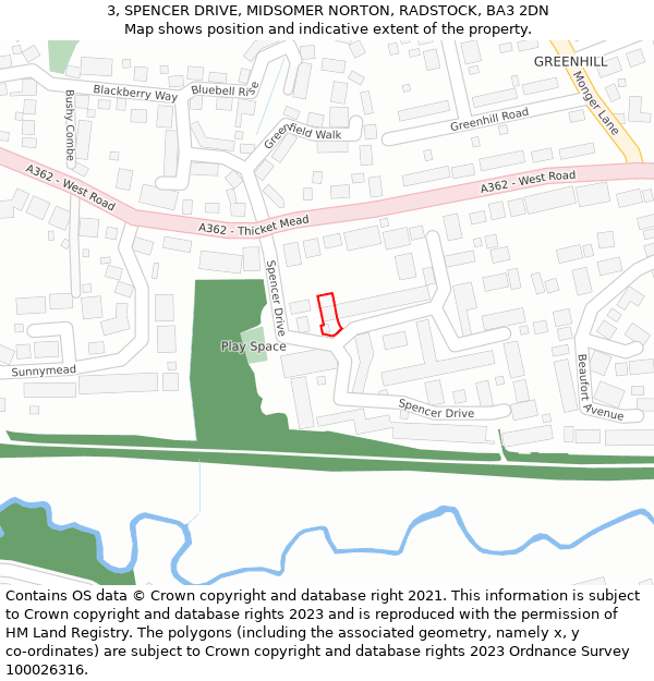 3, SPENCER DRIVE, MIDSOMER NORTON, RADSTOCK, BA3 2DN: Location map and indicative extent of plot