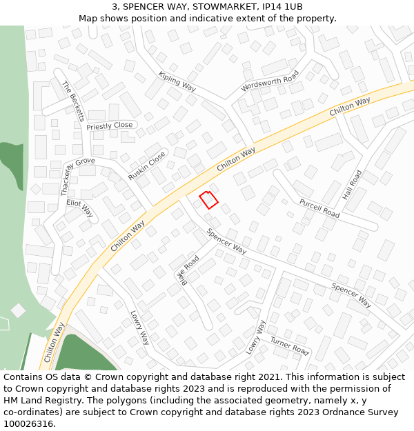 3, SPENCER WAY, STOWMARKET, IP14 1UB: Location map and indicative extent of plot