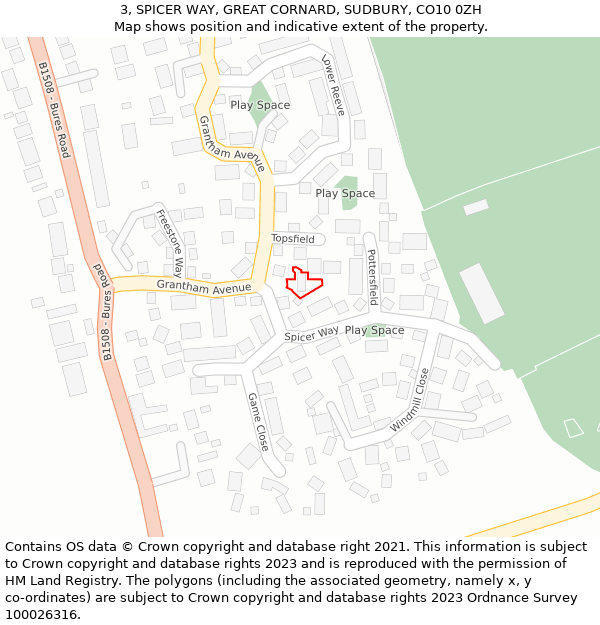 3, SPICER WAY, GREAT CORNARD, SUDBURY, CO10 0ZH: Location map and indicative extent of plot