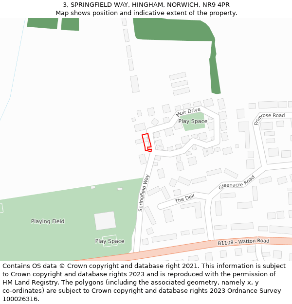 3, SPRINGFIELD WAY, HINGHAM, NORWICH, NR9 4PR: Location map and indicative extent of plot