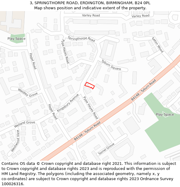 3, SPRINGTHORPE ROAD, ERDINGTON, BIRMINGHAM, B24 0PL: Location map and indicative extent of plot