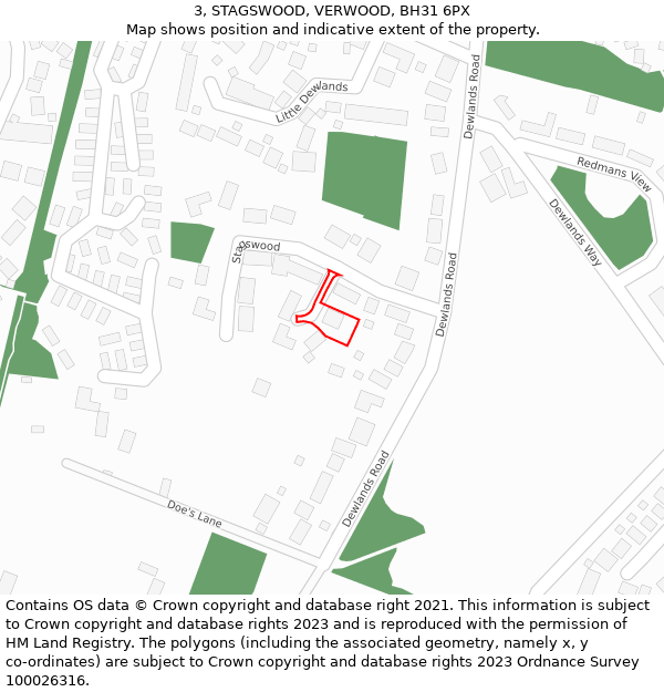3, STAGSWOOD, VERWOOD, BH31 6PX: Location map and indicative extent of plot