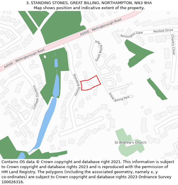 3, STANDING STONES, GREAT BILLING, NORTHAMPTON, NN3 9HA: Location map and indicative extent of plot