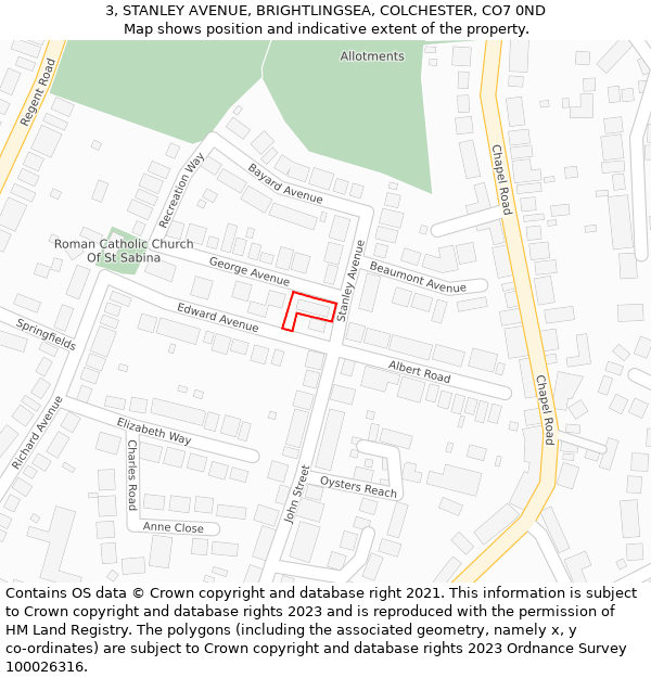 3, STANLEY AVENUE, BRIGHTLINGSEA, COLCHESTER, CO7 0ND: Location map and indicative extent of plot