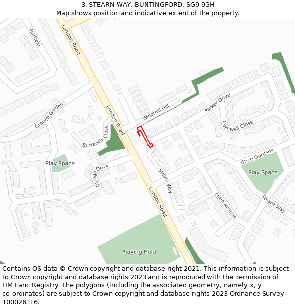 3, STEARN WAY, BUNTINGFORD, SG9 9GH: Location map and indicative extent of plot