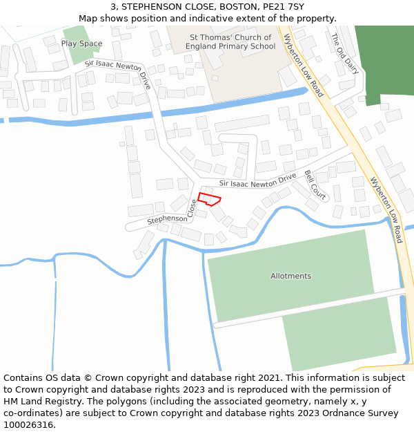 3, STEPHENSON CLOSE, BOSTON, PE21 7SY: Location map and indicative extent of plot