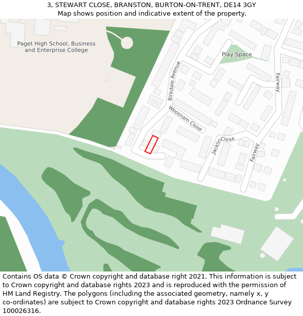 3, STEWART CLOSE, BRANSTON, BURTON-ON-TRENT, DE14 3GY: Location map and indicative extent of plot