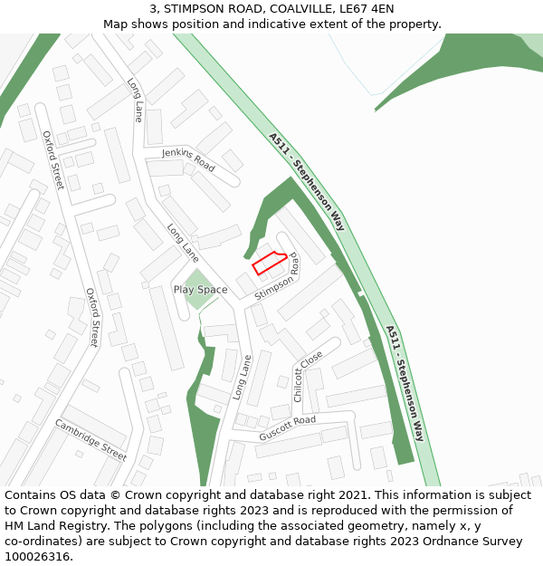 3, STIMPSON ROAD, COALVILLE, LE67 4EN: Location map and indicative extent of plot