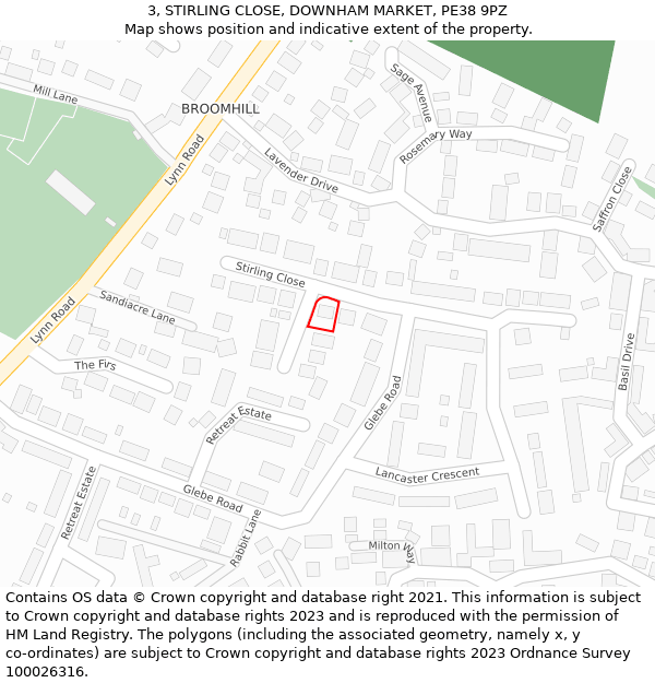 3, STIRLING CLOSE, DOWNHAM MARKET, PE38 9PZ: Location map and indicative extent of plot