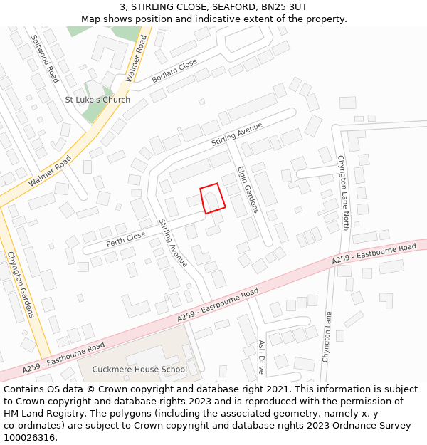 3, STIRLING CLOSE, SEAFORD, BN25 3UT: Location map and indicative extent of plot