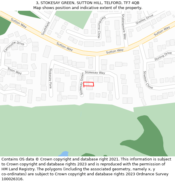 3, STOKESAY GREEN, SUTTON HILL, TELFORD, TF7 4QB: Location map and indicative extent of plot