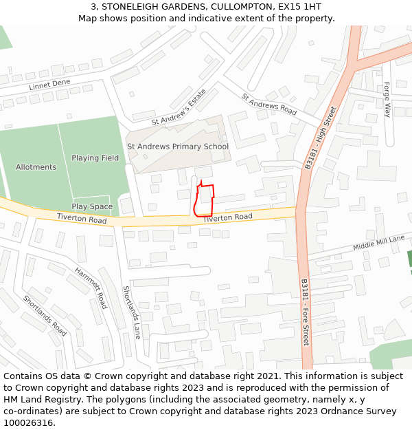 3, STONELEIGH GARDENS, CULLOMPTON, EX15 1HT: Location map and indicative extent of plot