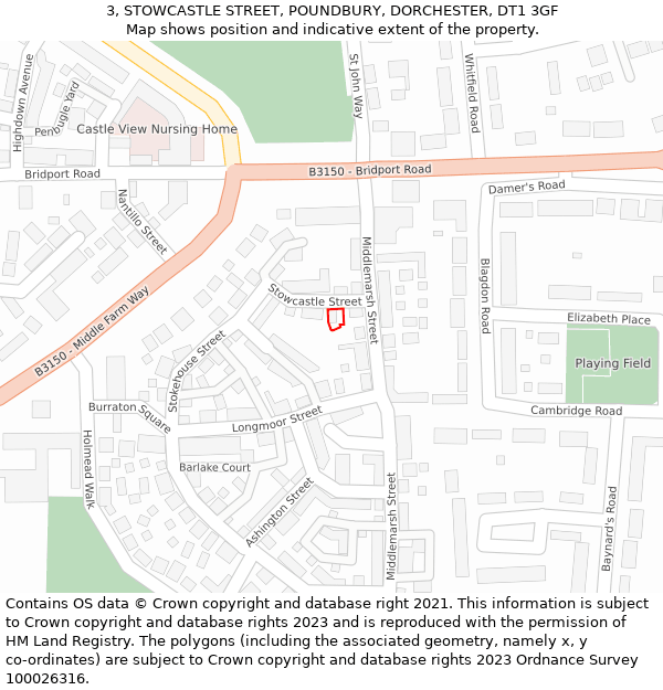 3, STOWCASTLE STREET, POUNDBURY, DORCHESTER, DT1 3GF: Location map and indicative extent of plot