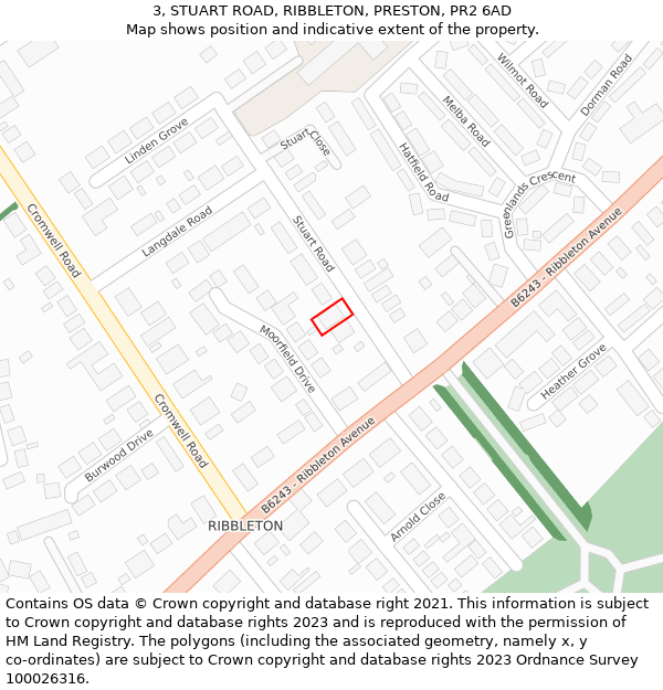3, STUART ROAD, RIBBLETON, PRESTON, PR2 6AD: Location map and indicative extent of plot