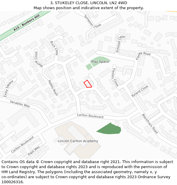 3, STUKELEY CLOSE, LINCOLN, LN2 4WD: Location map and indicative extent of plot