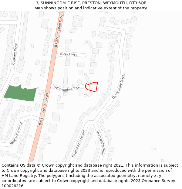 3, SUNNINGDALE RISE, PRESTON, WEYMOUTH, DT3 6QB: Location map and indicative extent of plot