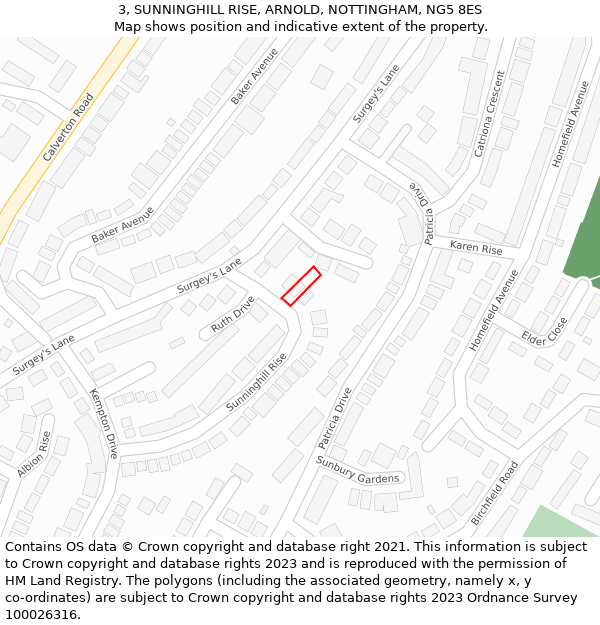 3, SUNNINGHILL RISE, ARNOLD, NOTTINGHAM, NG5 8ES: Location map and indicative extent of plot