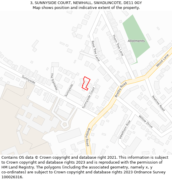 3, SUNNYSIDE COURT, NEWHALL, SWADLINCOTE, DE11 0GY: Location map and indicative extent of plot