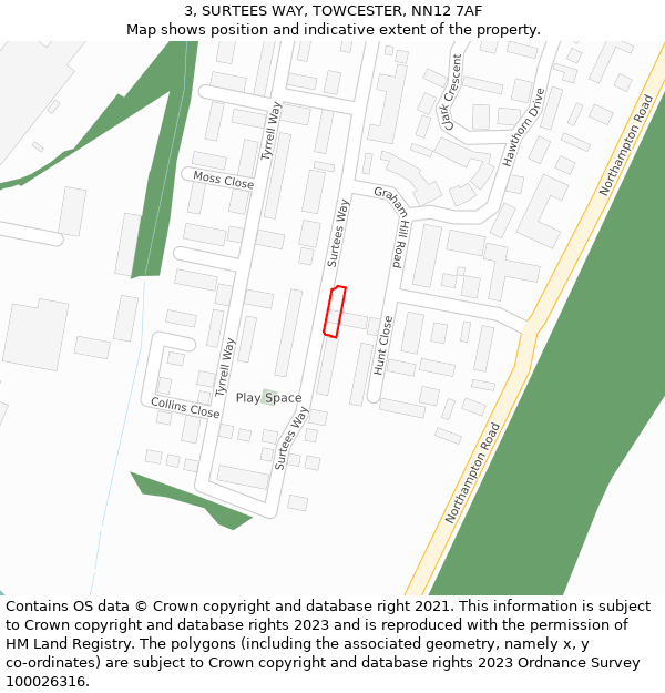 3, SURTEES WAY, TOWCESTER, NN12 7AF: Location map and indicative extent of plot