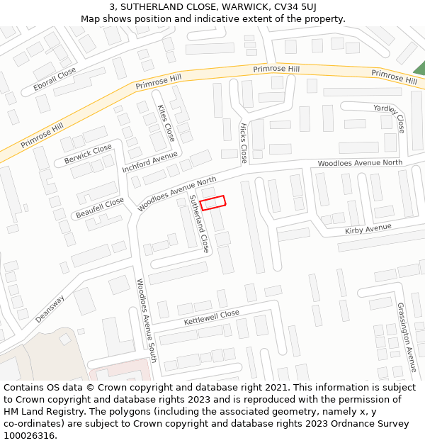 3, SUTHERLAND CLOSE, WARWICK, CV34 5UJ: Location map and indicative extent of plot