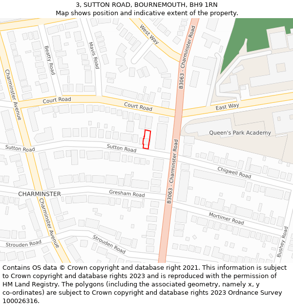 3, SUTTON ROAD, BOURNEMOUTH, BH9 1RN: Location map and indicative extent of plot