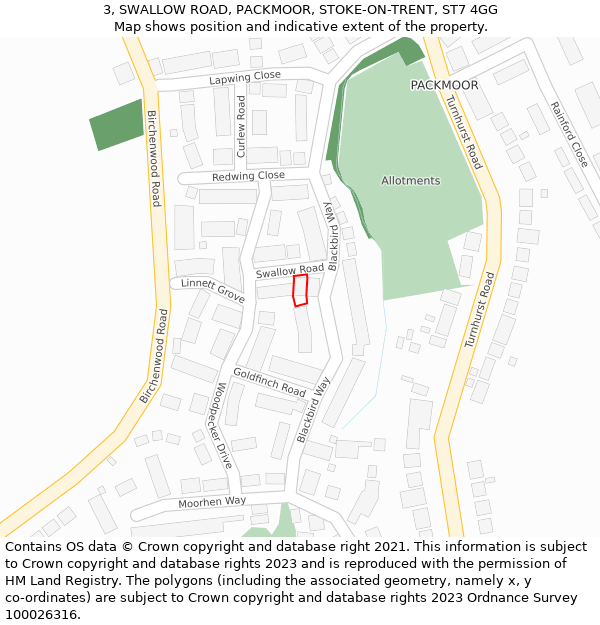 3, SWALLOW ROAD, PACKMOOR, STOKE-ON-TRENT, ST7 4GG: Location map and indicative extent of plot