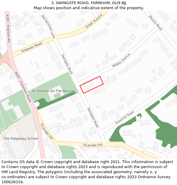 3, SWINGATE ROAD, FARNHAM, GU9 8JJ: Location map and indicative extent of plot