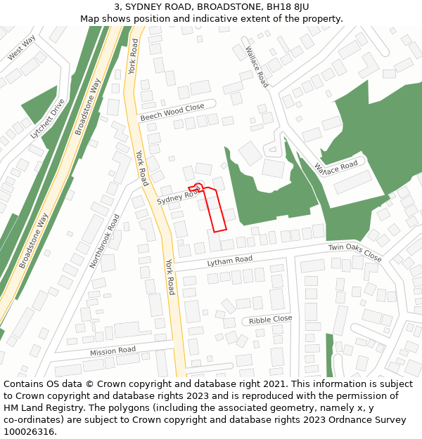 3, SYDNEY ROAD, BROADSTONE, BH18 8JU: Location map and indicative extent of plot