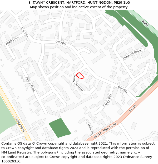 3, TAWNY CRESCENT, HARTFORD, HUNTINGDON, PE29 1LG: Location map and indicative extent of plot