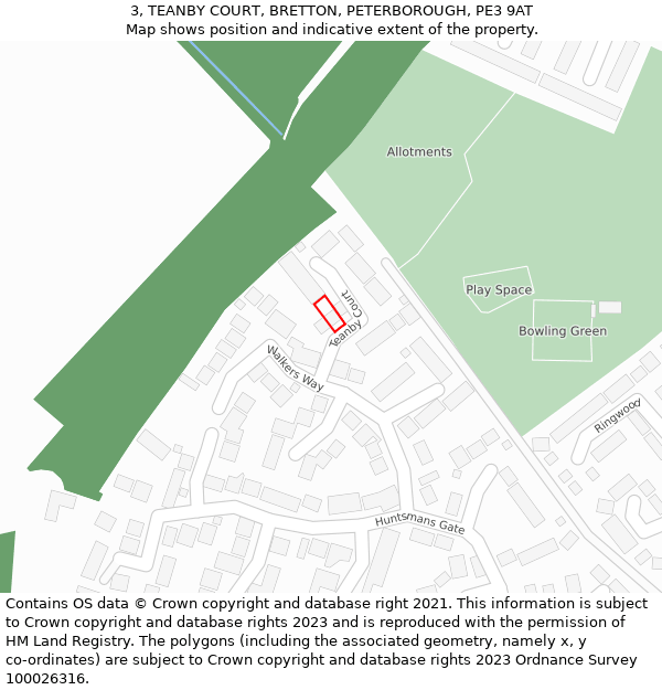 3, TEANBY COURT, BRETTON, PETERBOROUGH, PE3 9AT: Location map and indicative extent of plot