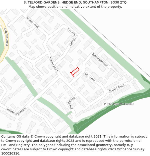 3, TELFORD GARDENS, HEDGE END, SOUTHAMPTON, SO30 2TQ: Location map and indicative extent of plot