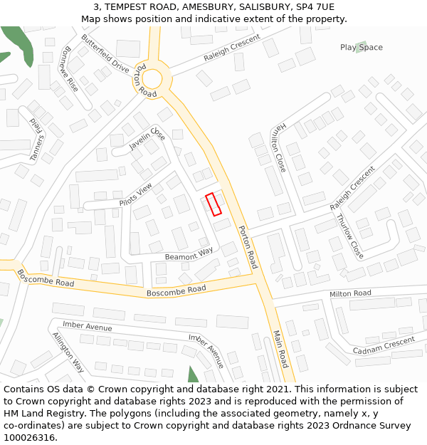 3, TEMPEST ROAD, AMESBURY, SALISBURY, SP4 7UE: Location map and indicative extent of plot