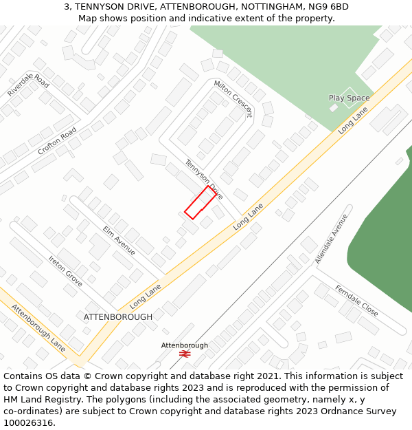 3, TENNYSON DRIVE, ATTENBOROUGH, NOTTINGHAM, NG9 6BD: Location map and indicative extent of plot