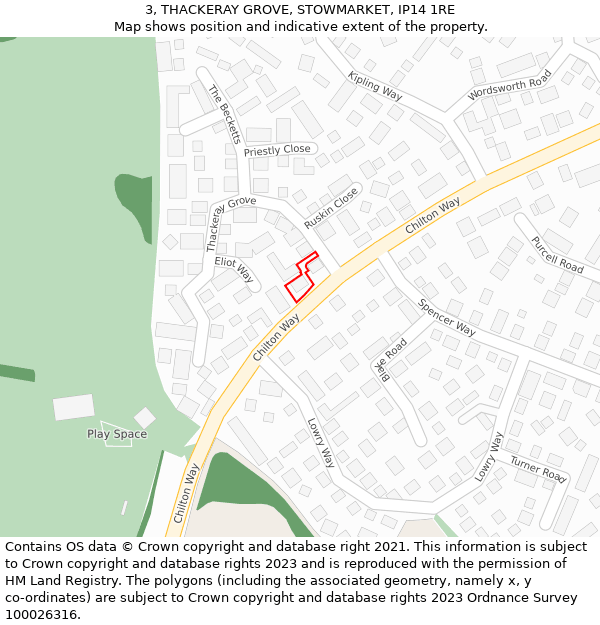 3, THACKERAY GROVE, STOWMARKET, IP14 1RE: Location map and indicative extent of plot