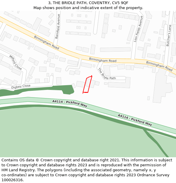 3, THE BRIDLE PATH, COVENTRY, CV5 9QF: Location map and indicative extent of plot