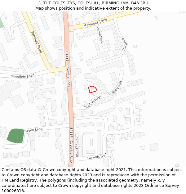 3, THE COLESLEYS, COLESHILL, BIRMINGHAM, B46 3BU: Location map and indicative extent of plot