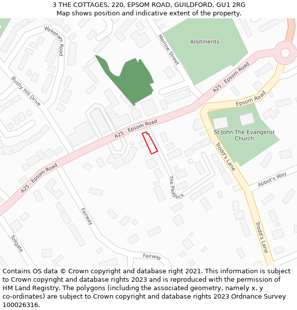 3 THE COTTAGES, 220, EPSOM ROAD, GUILDFORD, GU1 2RG: Location map and indicative extent of plot