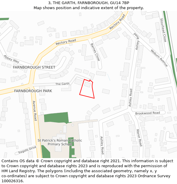 3, THE GARTH, FARNBOROUGH, GU14 7BP: Location map and indicative extent of plot